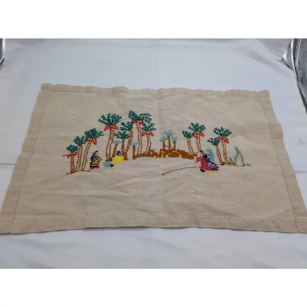 Vintage Hand-Embroidered Cultural Village Motif Desert Oasis Linen Placemat